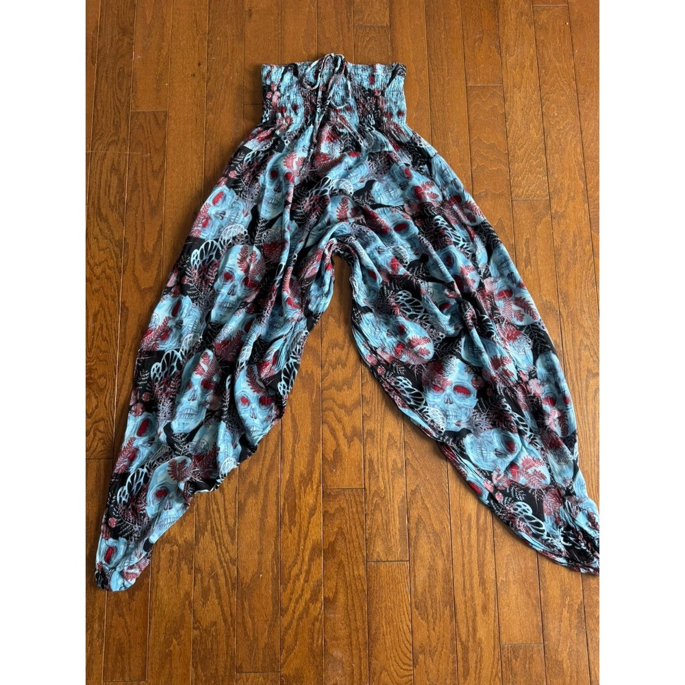 Harem Pants Womens‎ Sz S Skull Print Boho Festival Rayon Genie Pants Blue Goth
